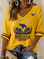 Women's Venezuela Strong Printed Mid-length Sleeves V-neck T-shirt