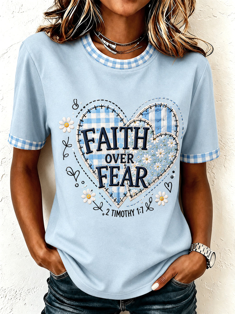 Women's Faith Over Fear Plaid Print Casual Tee