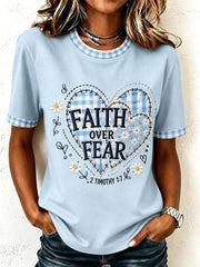 Women's Faith Over Fear Plaid Print Casual Tee