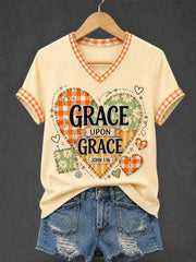 Women's Grace Upon Grace Plaid Print Casual V-Neck Tee