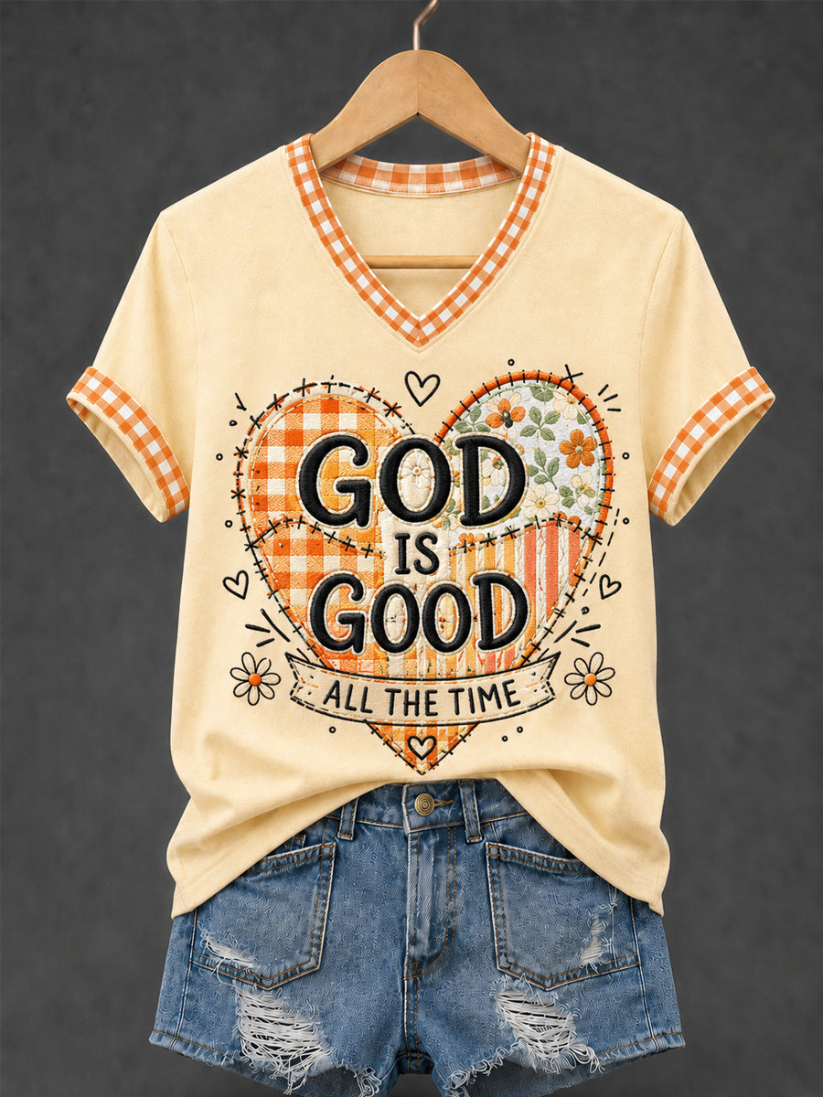 Women's God Is Good All The Time Plaid Print Casual V-Neck Tee