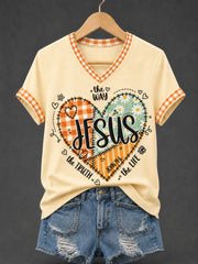 Women's Jesus The Way The Truth The Life Plaid Print Casual V-Neck Tee