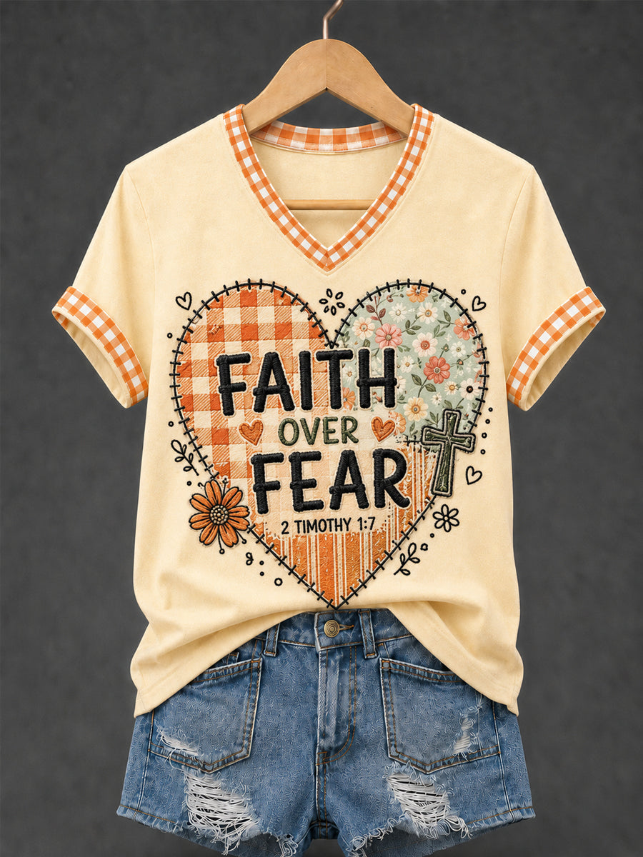 Women's Faith Over Fear Plaid Print Casual V-Neck Tee