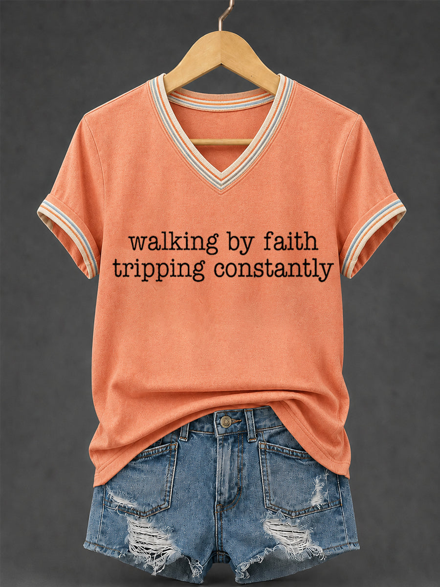 Women's Walking By Faith Tripping Constantly Print Christian Inspirational V-Neck Tee