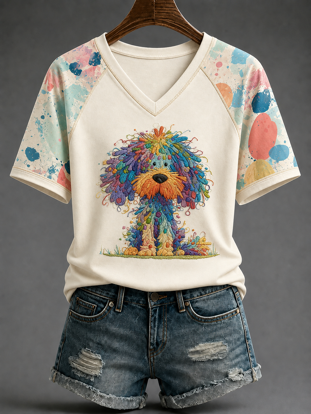 Women's Rainbow Dog V-neck Off-shoulder Short-sleeved T-shirt