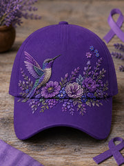 Unisex Purple Floral & Hummingbird Print Alzheimer's Awareness Support Hat