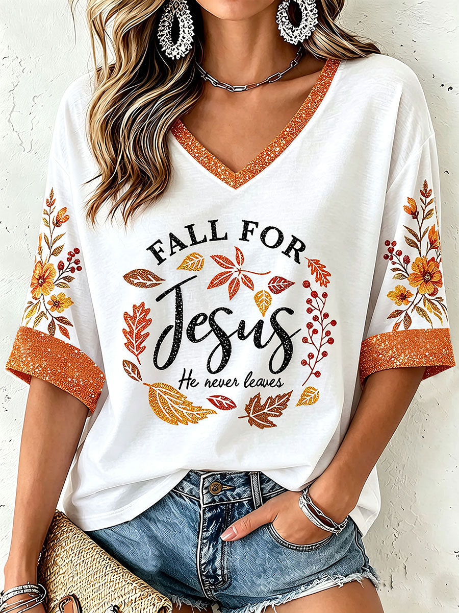 Women's Fall For  Jesus He Never Leaves T-Shirt
