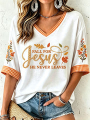 Women's Fall For Jesus He Never Leaves T-Shirt