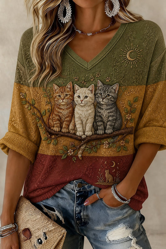 Women's Cat Printed Mid-length Sleeves V-neck T-shirt