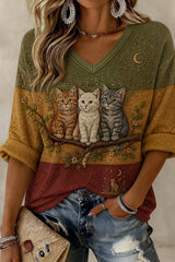 Women's Cat Printed Mid-length Sleeves V-neck T-shirt
