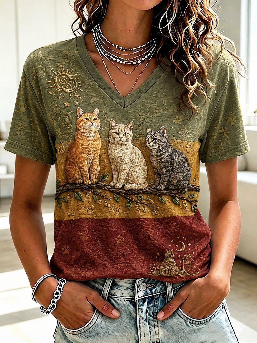 Women's Cat Printed V-neck T-shirt