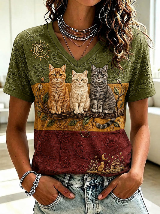 Women's Cat Printed V-neck T-shirt