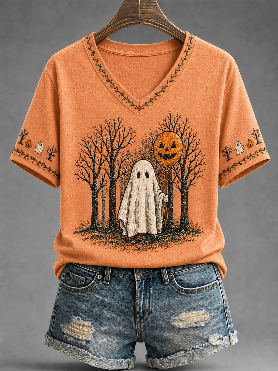 Women's Spooky Season Cute Pumpkin Ghost Print Casual V-Neck Tee