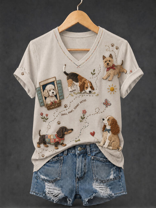 Women's Dog Printed V-neck T-shirt
