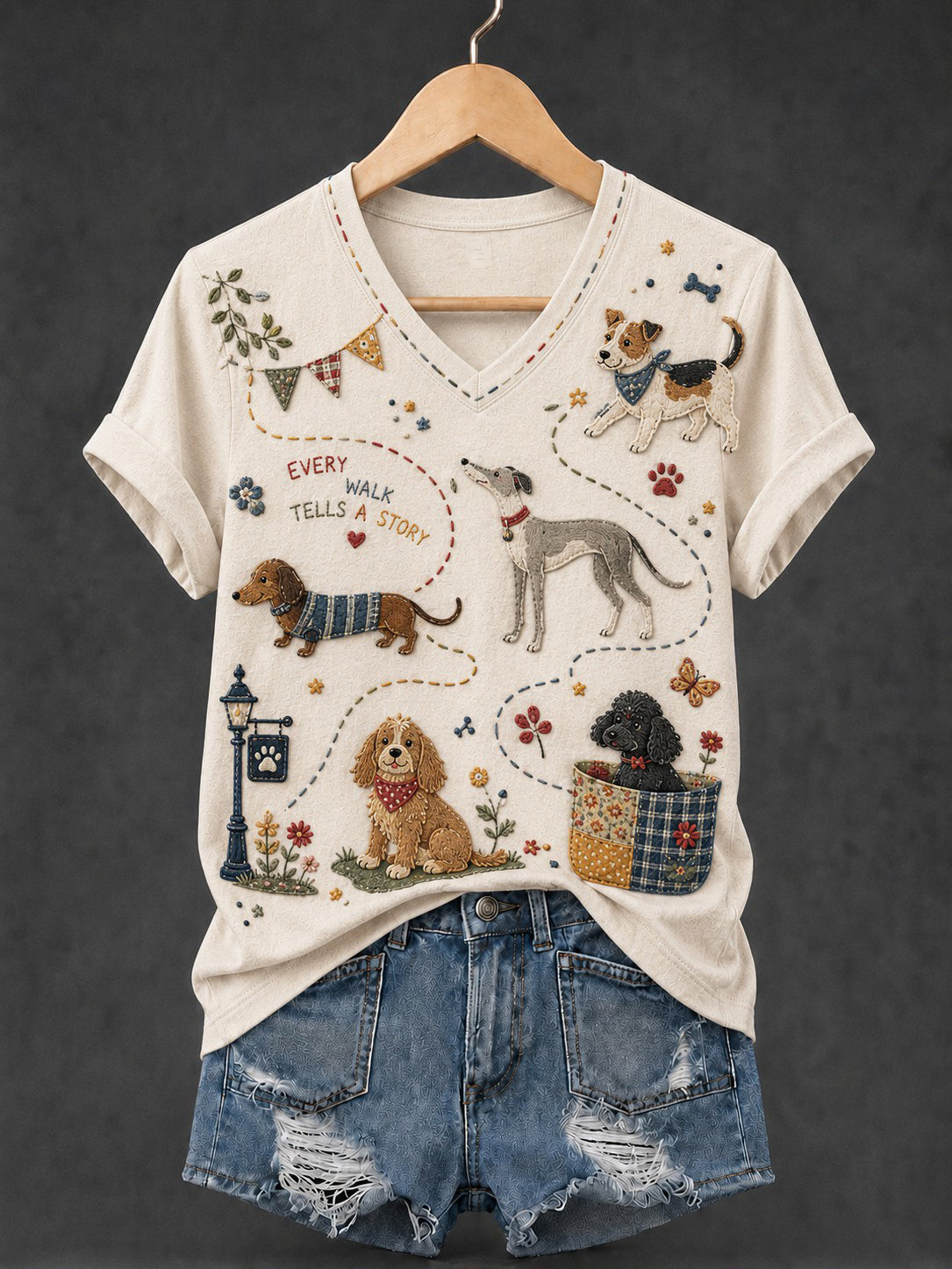 Women's Dog Printed V-neck T-shirt
