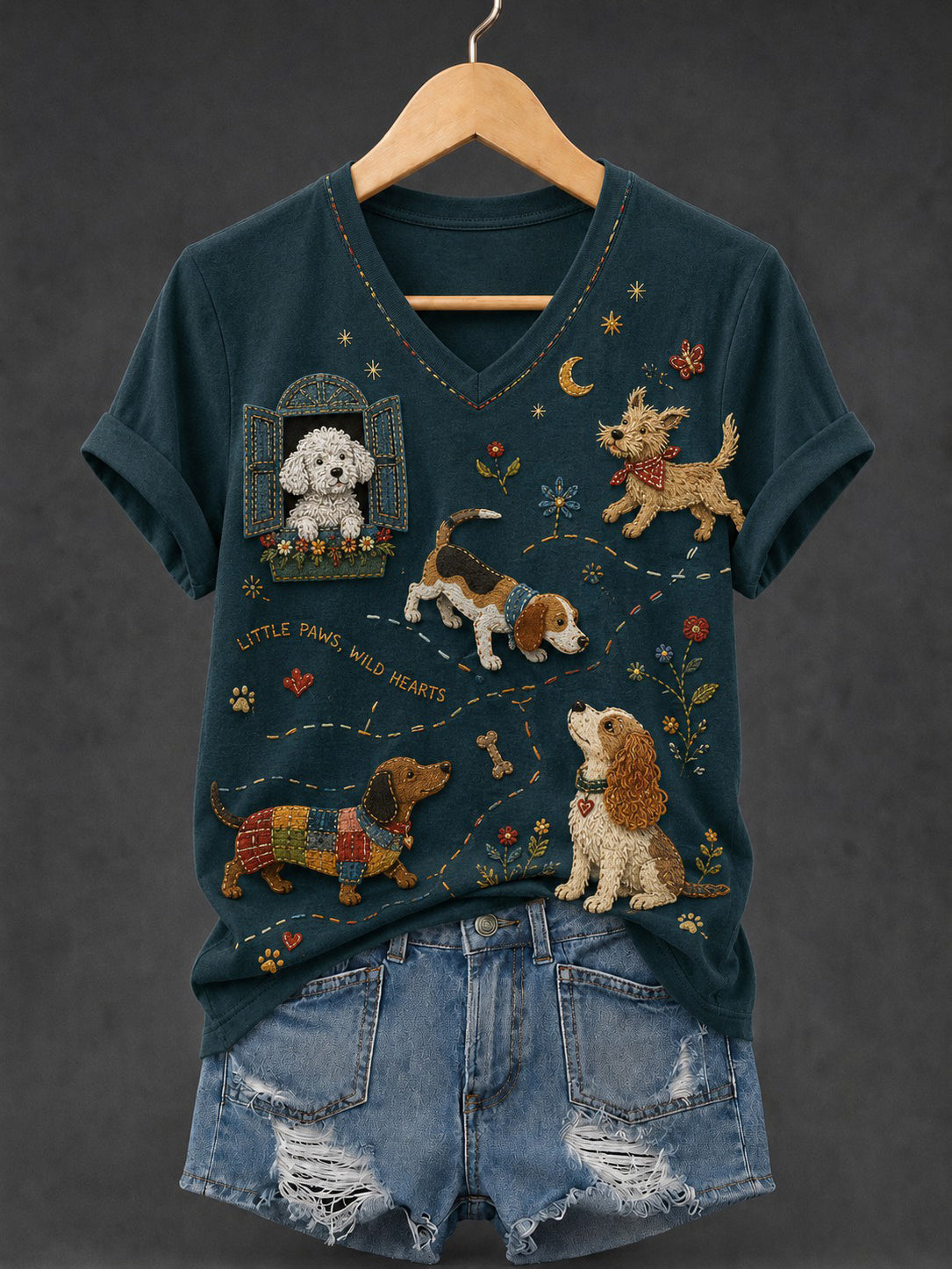 Women's Dog Printed V-neck T-shirt