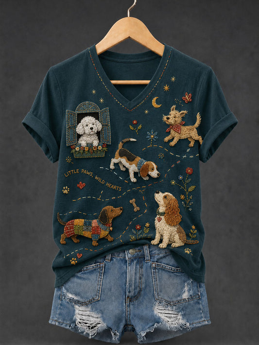Women's Dog Printed V-neck T-shirt