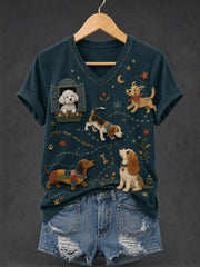 Women's Dog Printed V-neck T-shirt