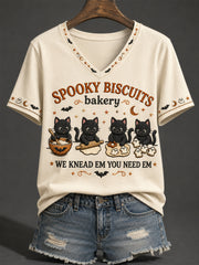 Women's Halloween Black Cat Spooky Biscuits Bakery Pumpkin Print Casual V-Neck Tee