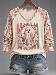 Women's Cozy Season Bright Ghost Print Casual Long-Sleeve T-Shirt