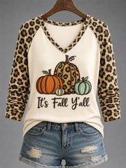 Women's It's Fall Y'all Leopard Pumpkin Print Casual Long-Sleeve T-Shirt