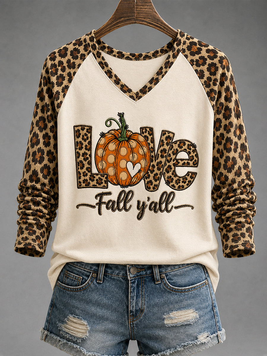 Women's It's Fall Y‘all Leopard Pumpkin Print Casual Long-Sleeve T-Shirt