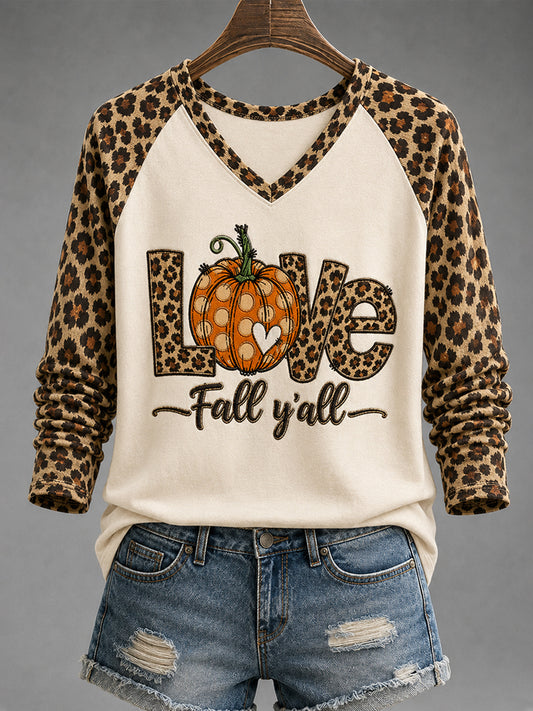 Women's It's Fall Y‘all Leopard Pumpkin Print Casual Long-Sleeve T-Shirt