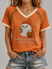 Women's Autumn Jesus V-neck Off-shoulder Short-sleeved T-shirt