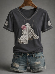 Women's Fall Season Halloween Ghost Print Casual V-Neck Tee
