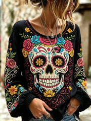 Women's Retro Day Of The Dead Plant And Flower Pattern Printed Casual Cotton-Linen Shirt