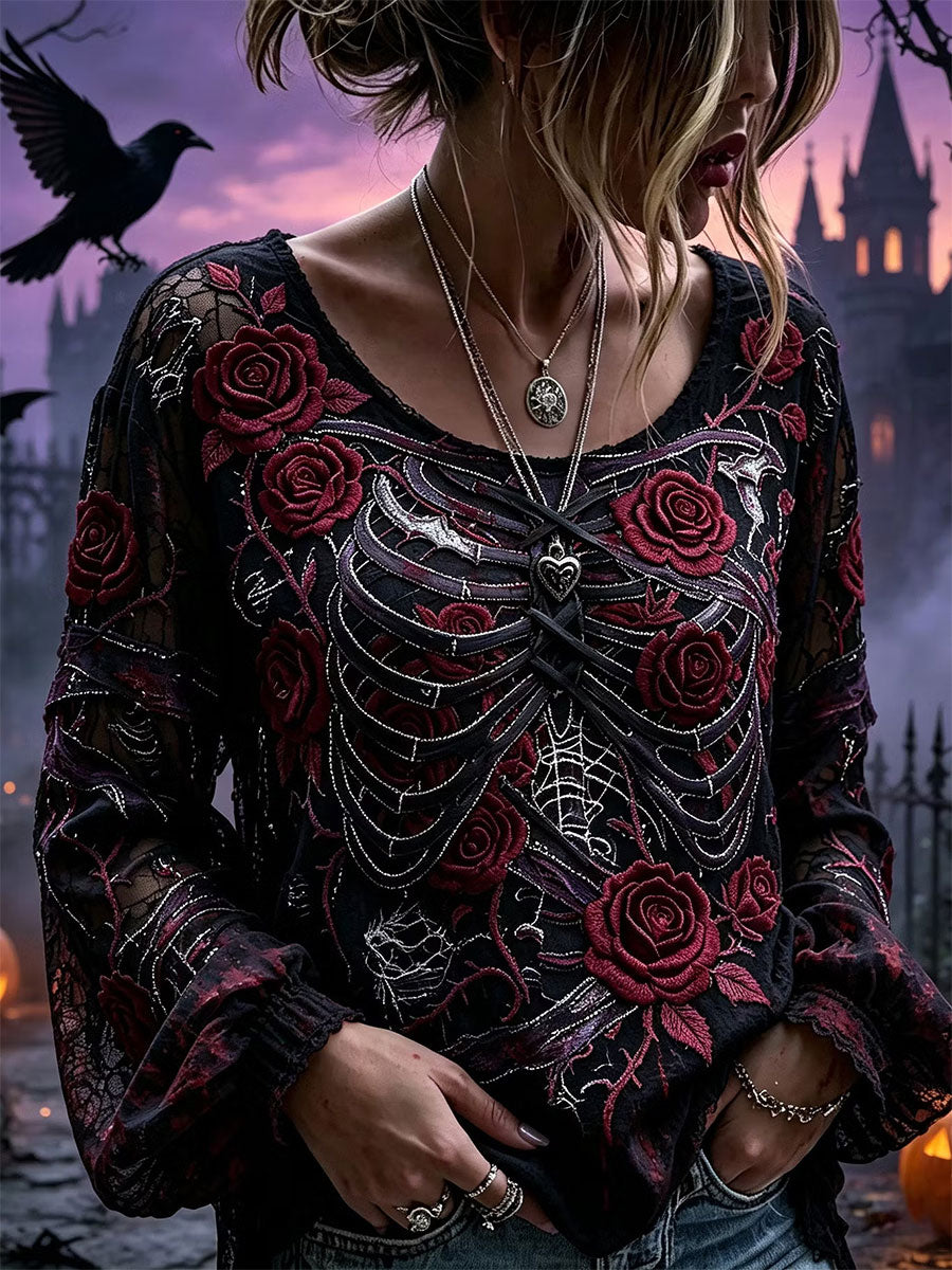 Women's Gothic Skull Rose Floral Cotton Linen Shirt