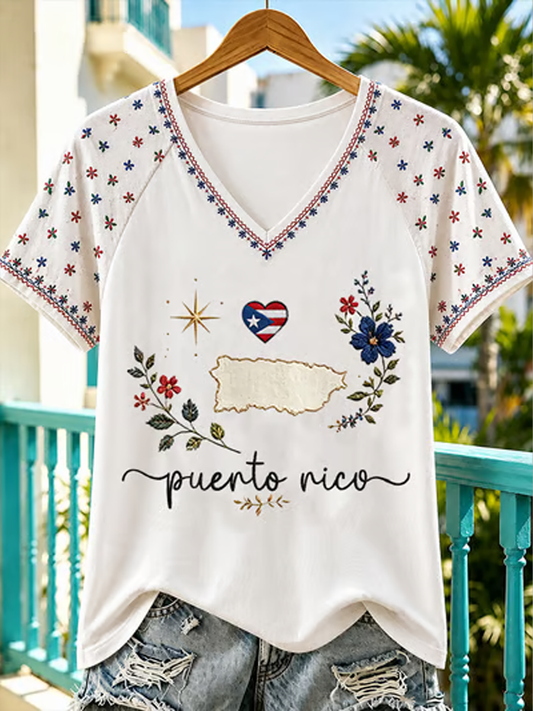Women's Puerto Rico Printed V-neck off-shoulder short-sleeved T-shirt