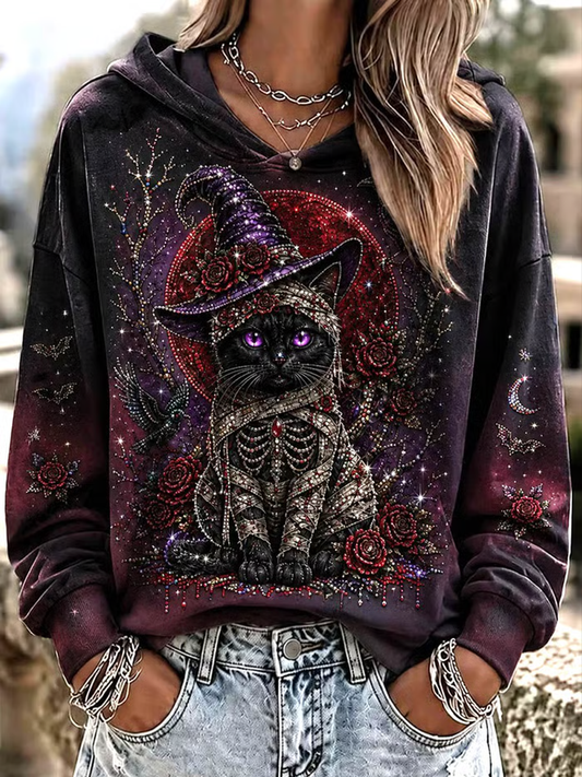 Women's Halloween Black Cat Art Print Regular Sweatshirt