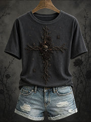 Women's Gothic Style Floral Cross T-shirt