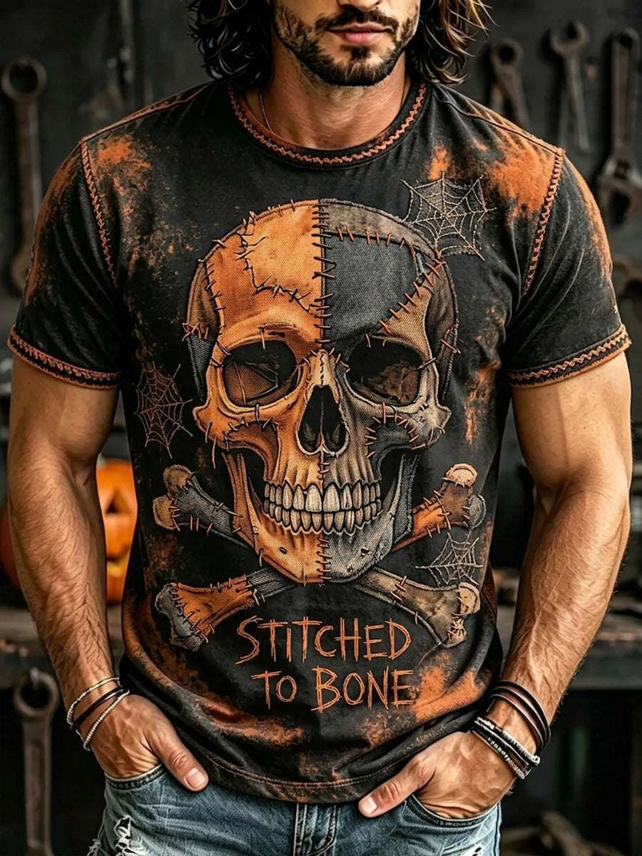 Men's Vintage Halloween Spooky Skull Print Short Sleeves T-shirt