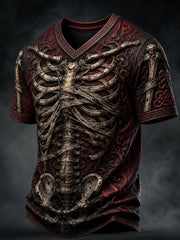 Men's Halloween Gothic Skeleton Print V-neck T-shirt