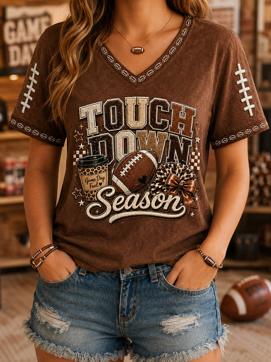Women's Football Gameday Touchdown Season Print Gift For Football Fans Casual V-Neck Tee