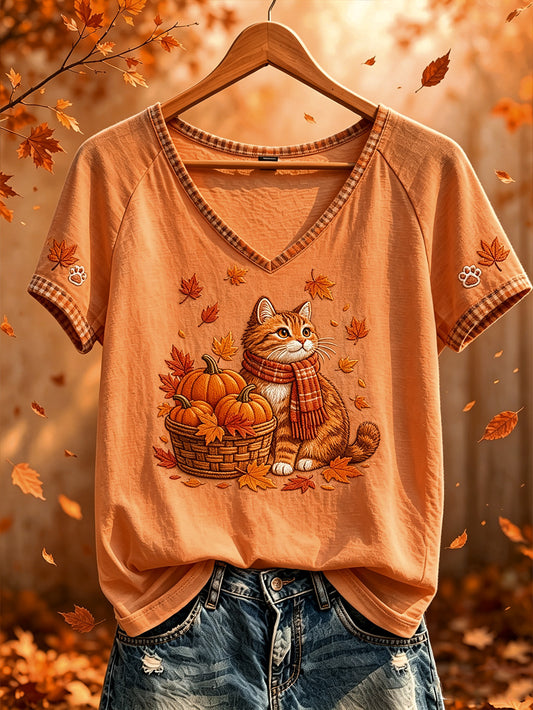 Women's cat and fallen leaves pattern printed casual short-sleeve T-shirt