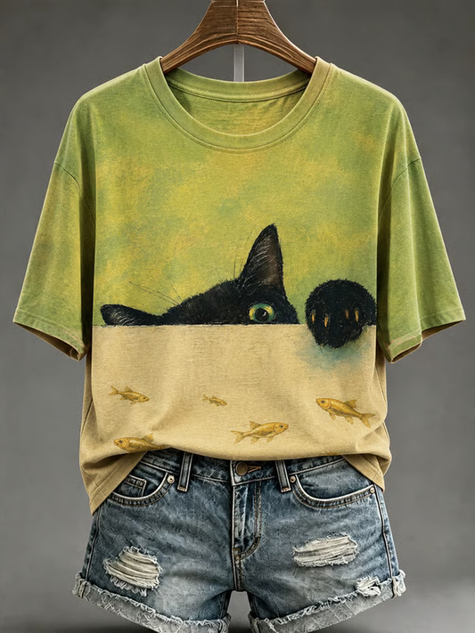 Women's Cute cat print short-sleeved T-shirt