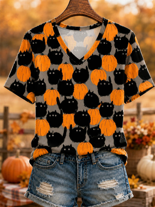 Women's Cute Fall Pumpkin Black Cats Print V-Neck Tee