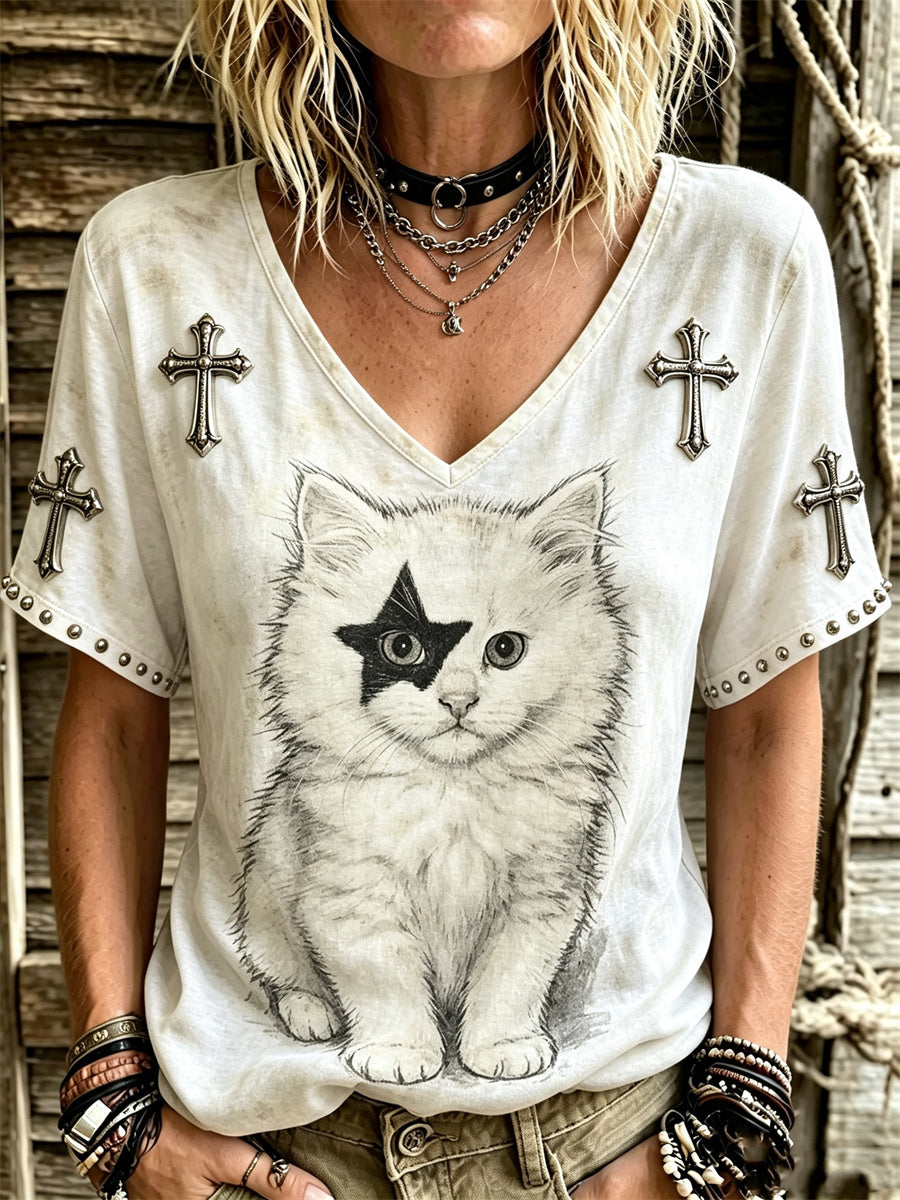 Women's Rock Band Cat Rock Style Print short-sleeved T-shirt