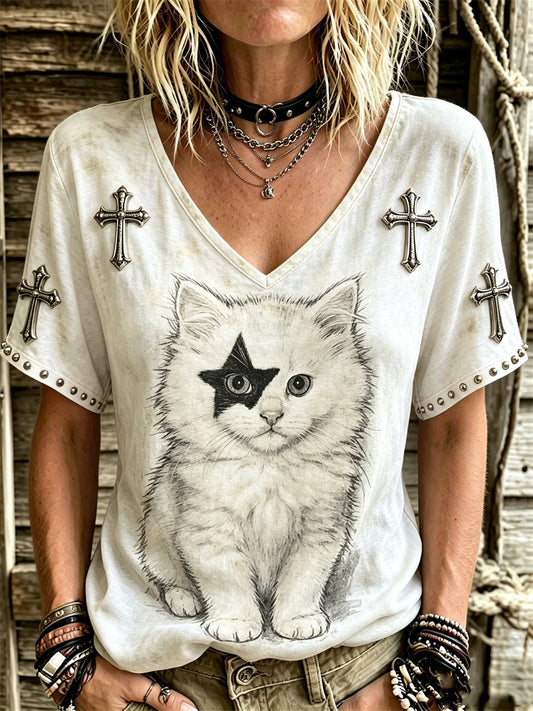 Women's Rock Band Cat Rock Style Print short-sleeved T-shirt