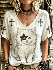Women's Rock Band Cat Rock Style Print short-sleeved T-shirt