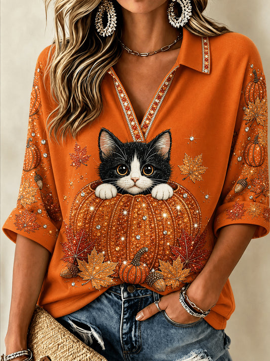 Women's Fall Animal Print Mid-length Sleeves V-Neck T-Shirt