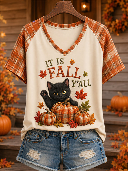 Women's Fall Season Cute Cat Pumpkin Plaid Print Casual V-Neck Tee