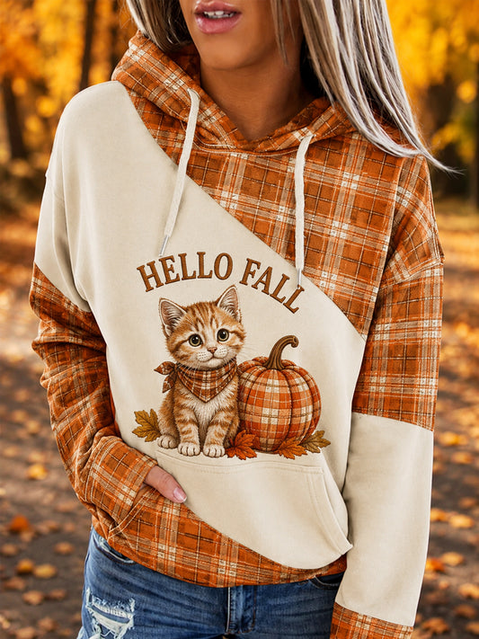 Women's Fall Season Cute Cat Pumpkin Plaid Print Casual Hoodie