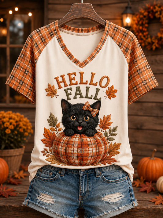 Women's Fall Season Cute Cat Pumpkin Plaid Print Casual V-Neck Tee