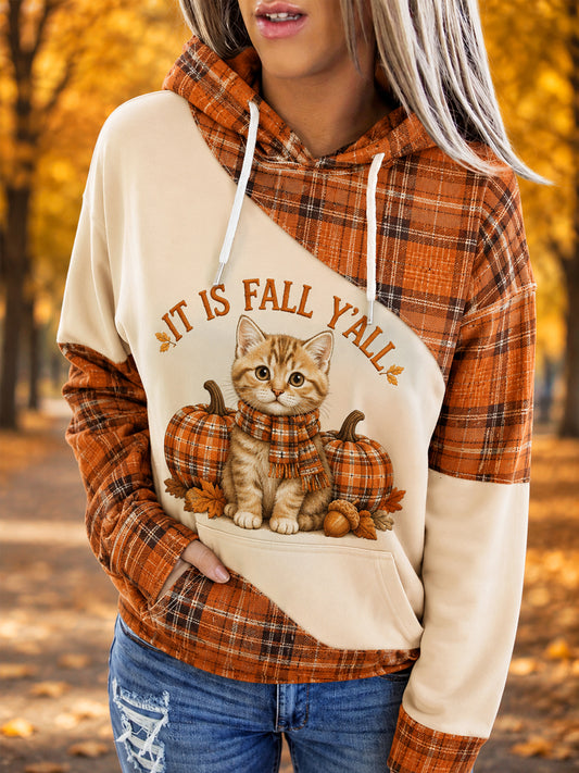 Women's Fall Season Cute Cat Pumpkin Plaid Print Casual Hoodie