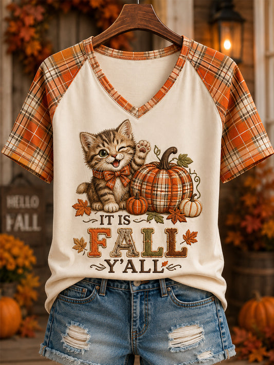 Women's Fall Season Cute Cat Pumpkin Plaid Print Casual V-Neck Tee