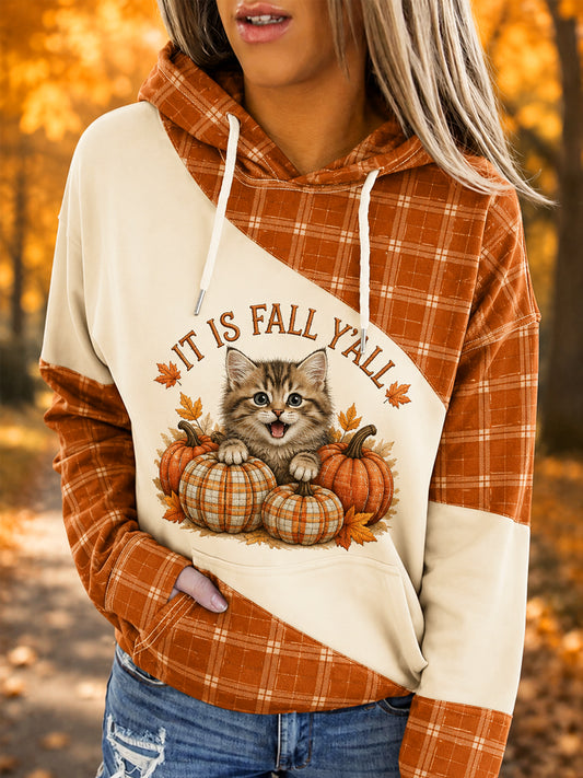 Women's Fall Season Cute Cat Pumpkin Plaid Print Casual Hoodie
